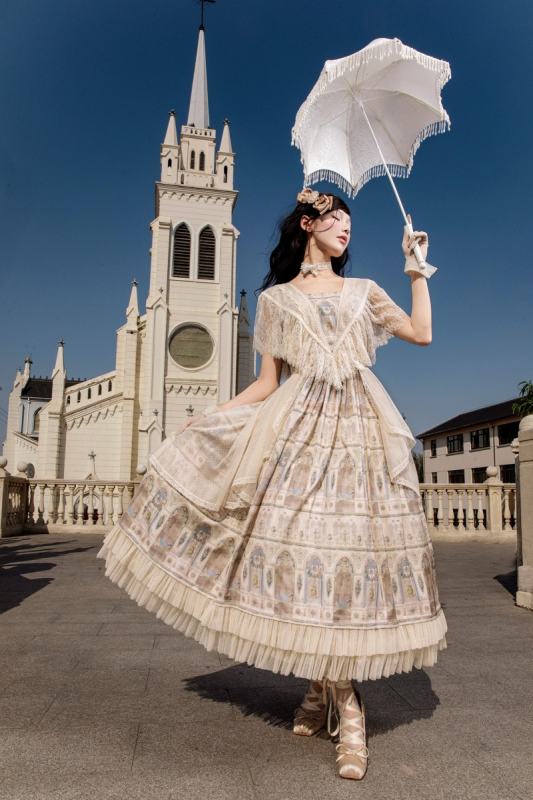 AD ～Reims Cathedral～ Prints Beige Black OP and Dress Sheer Overlay