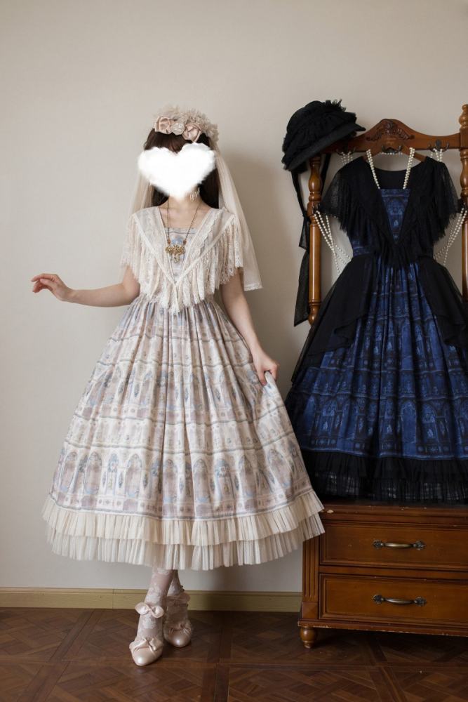 AD ～Reims Cathedral～ Prints Beige Black OP and Dress Sheer Overlay