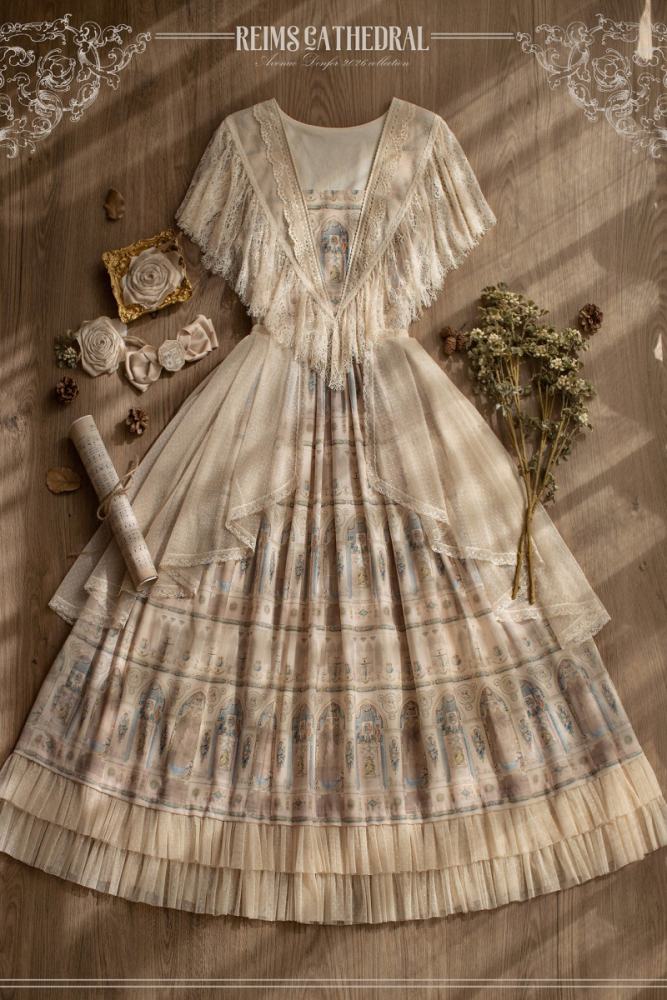 AD ～Reims Cathedral～ Prints Beige Black OP and Dress Sheer Overlay