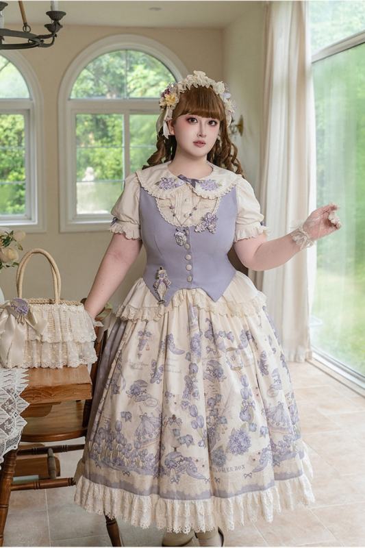 Nsg～Purple Memoirs～ Plus Size Lolita Prints Vest Blouse Skirt and Extended Sleeves