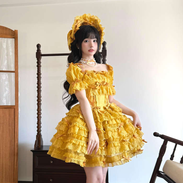 Gem and Rose Heavy Lace Ruffles Puffy Sleeves Top + Skirt 5 Colors