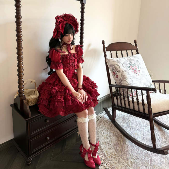 Gem and Rose Heavy Lace Ruffles Puffy Sleeves Top + Skirt 5 Colors