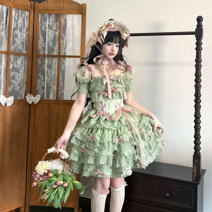 Gem and Rose Heavy Lace Ruffles Puffy Sleeves Top + Skirt 5 Colors