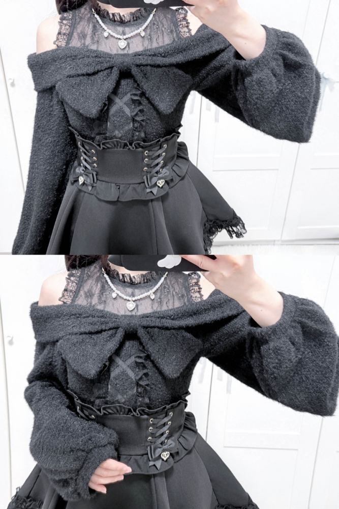 Shirohato Bowknot Lace Patchwork Jirai Kei Long Sleeve Top