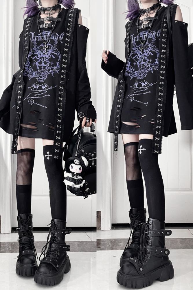 Tricuspid C Shattered Skull Printed Jirai Kei Off Shoulder T-shirt