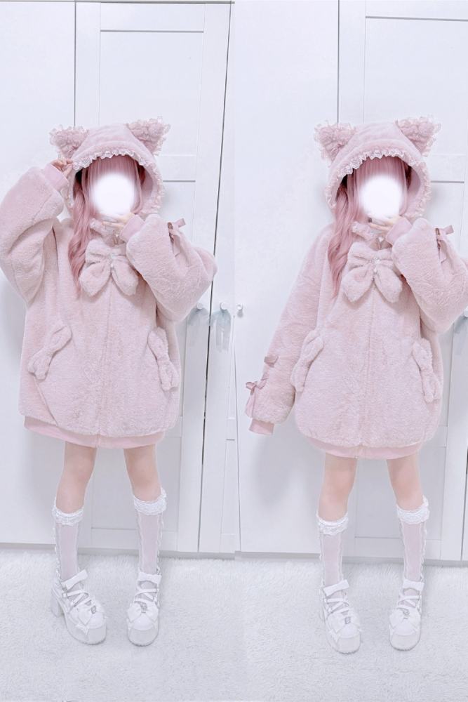 Shirohato Cat Ears Hood Jirai Kei Shiro Kuro Pink Coat