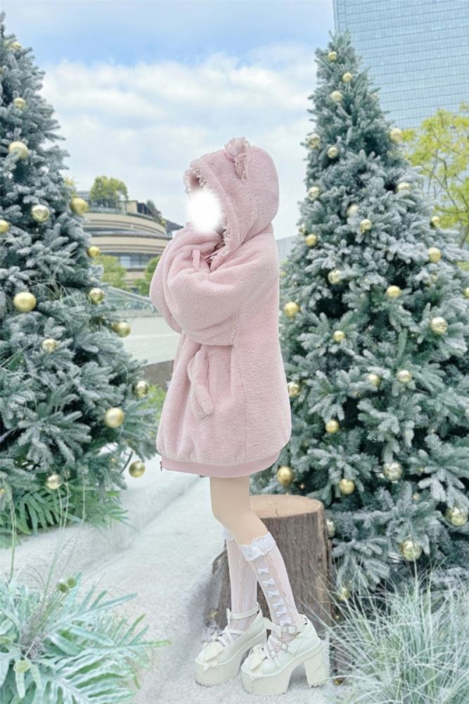 Shirohato Cat Ears Hood Jirai Kei Shiro Kuro Pink Coat