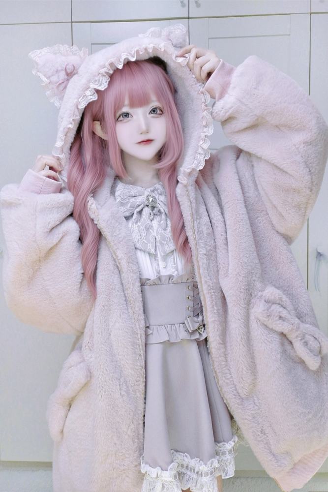 Shirohato Cat Ears Hood Jirai Kei Shiro Kuro Pink Coat