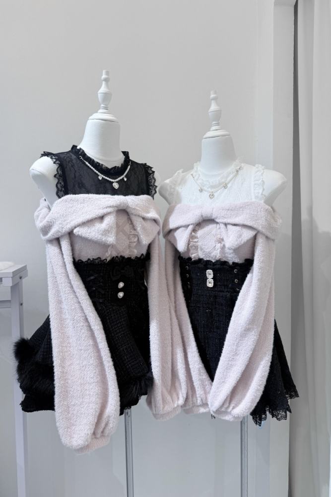 Shirohato Bowknot Lace Patchwork Jirai Kei Long Sleeve Top