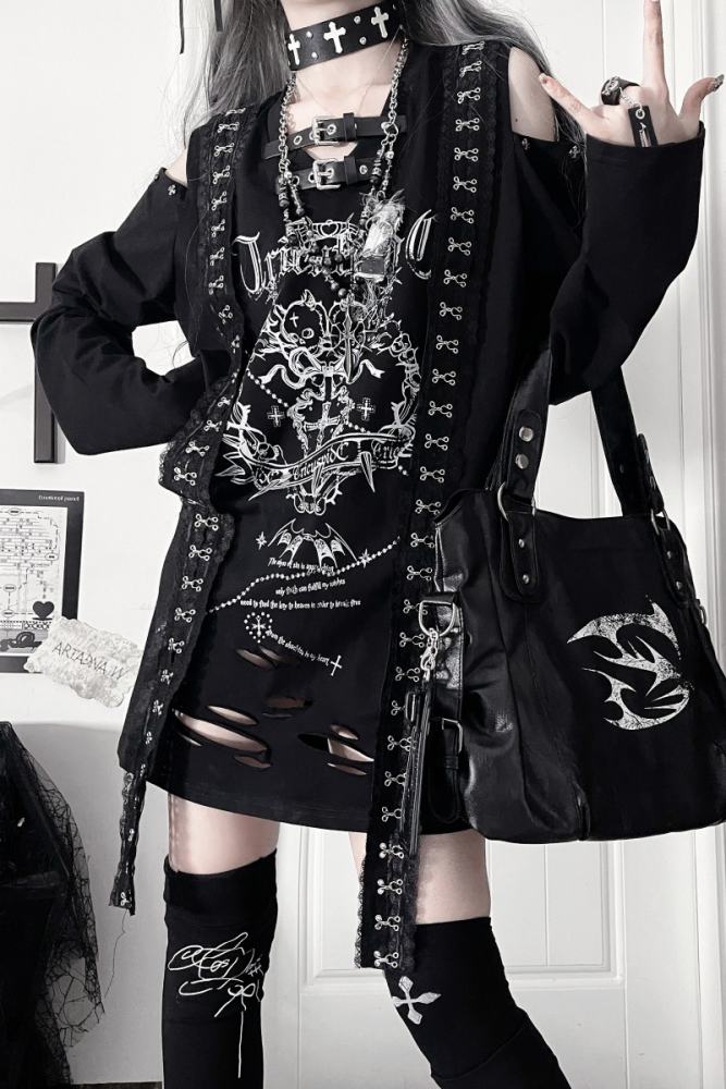 Tricuspid C Shattered Skull Printed Jirai Kei Off Shoulder T-shirt
