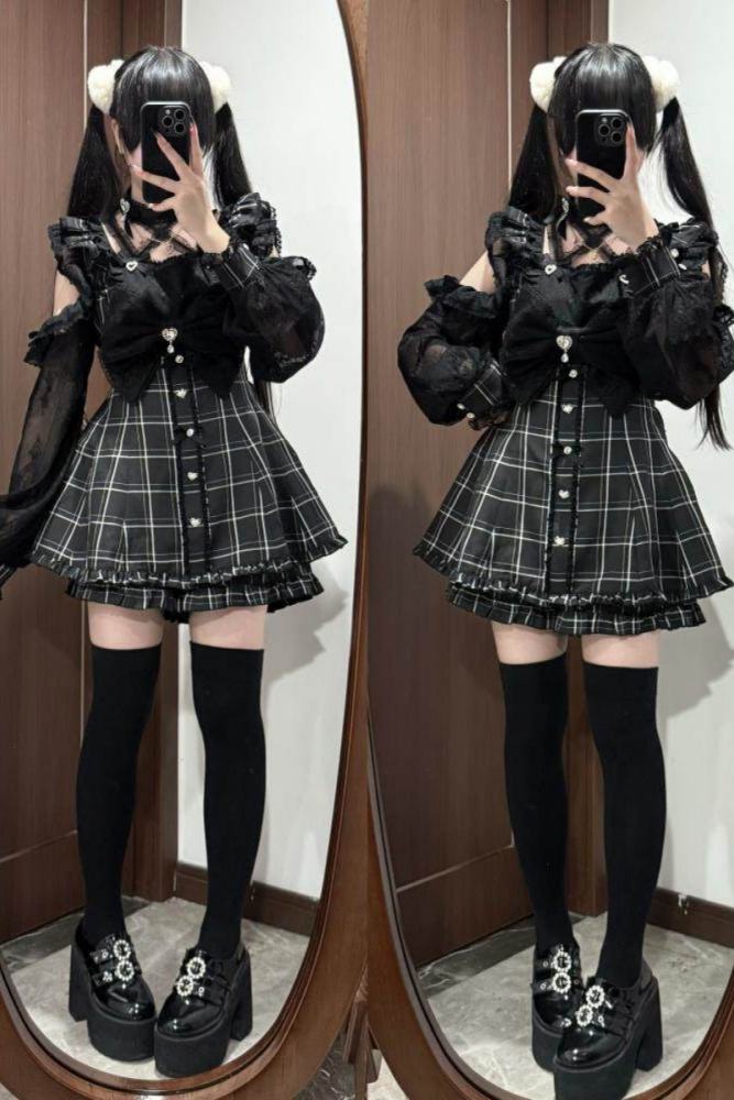 Shengzhongwei Lace Plaid Jirai Kei Dress and Shorts