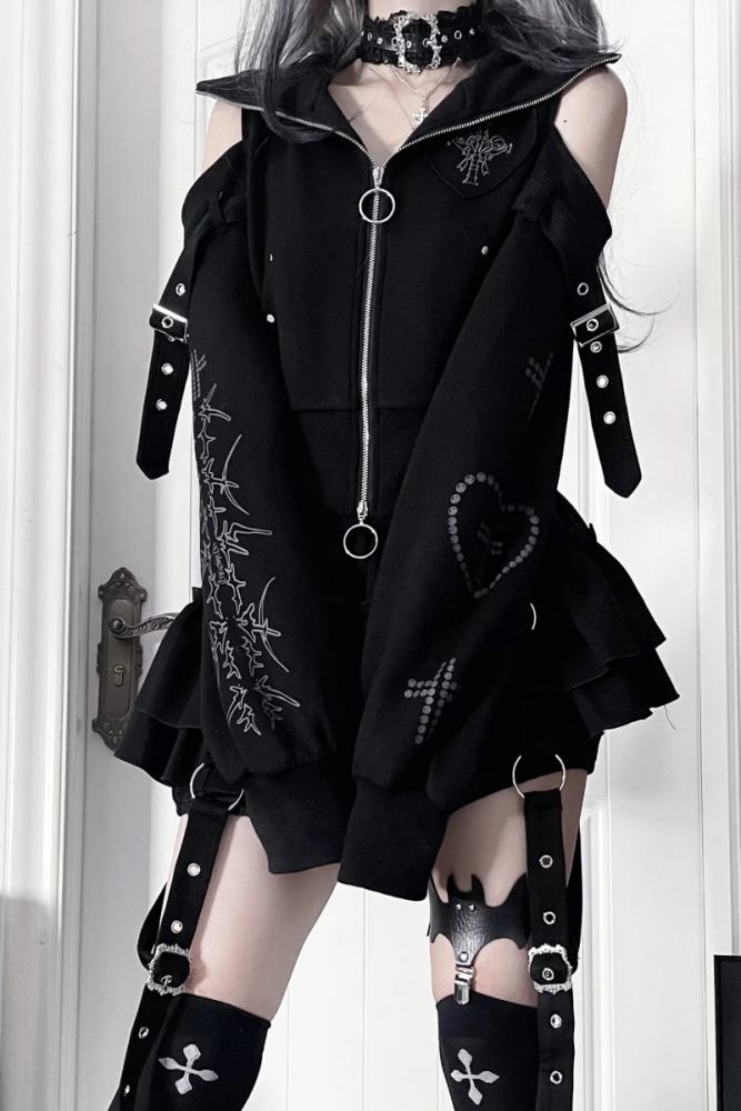 Tricuspid C Cat Ears Hood Jirai Kei Kuro Coat and Skirt