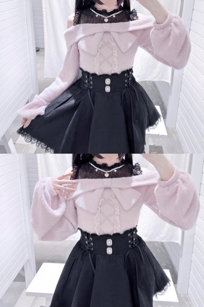 Shirohato Bowknot Lace Patchwork Jirai Kei Long Sleeve Top