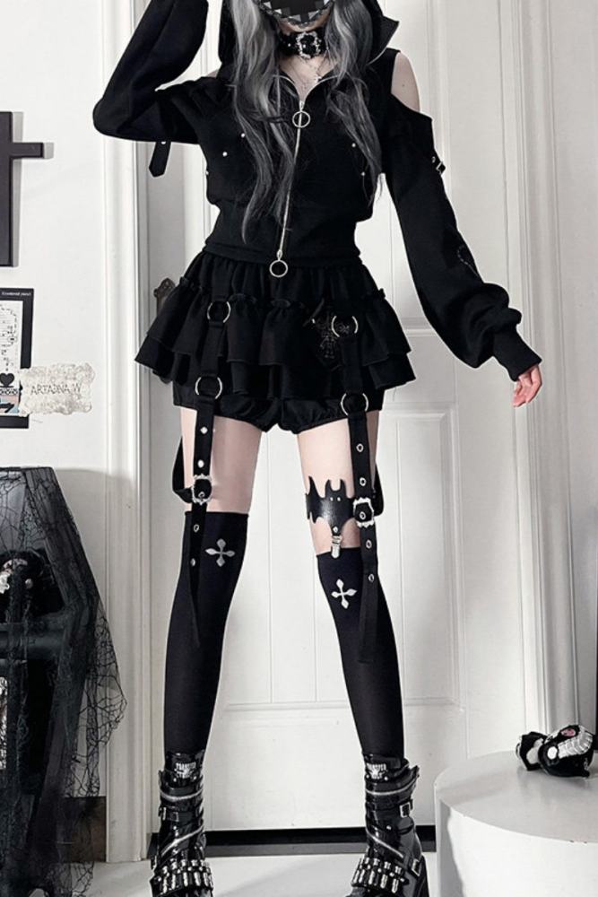 Tricuspid C Cat Ears Hood Jirai Kei Kuro Coat and Skirt