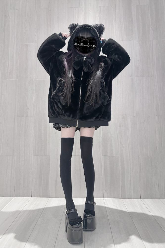 Shirohato Cat Ears Hood Jirai Kei Shiro Kuro Pink Coat