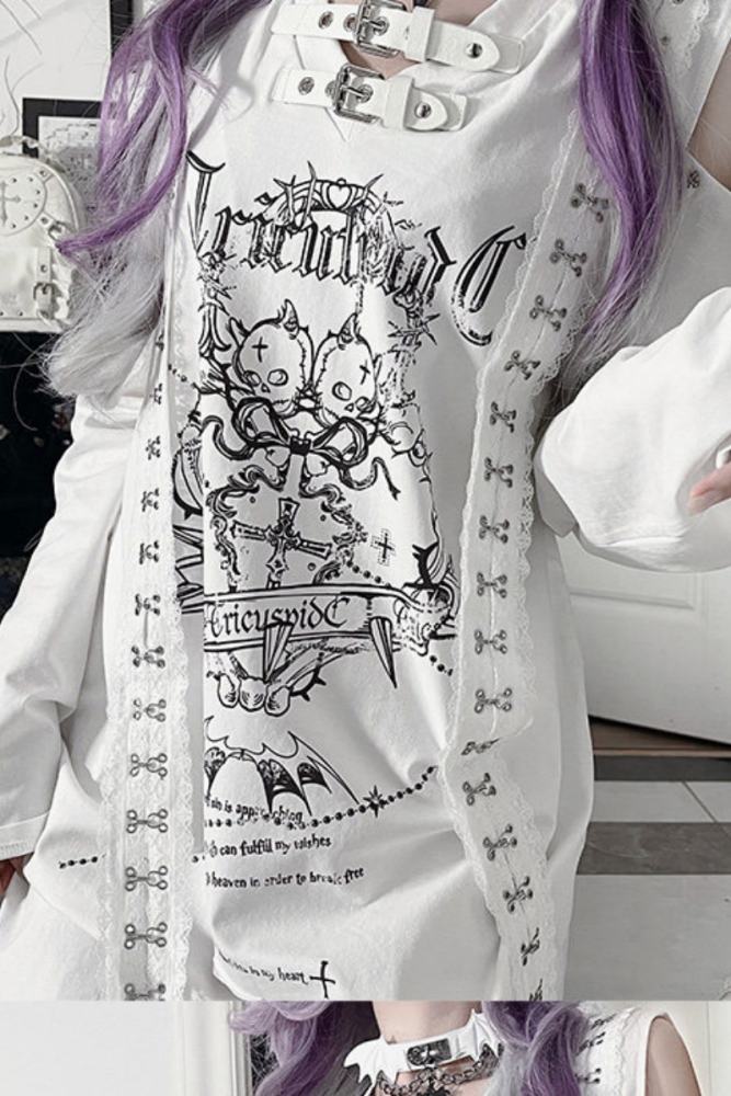 Tricuspid C Shattered Skull Printed Jirai Kei Off Shoulder T-shirt