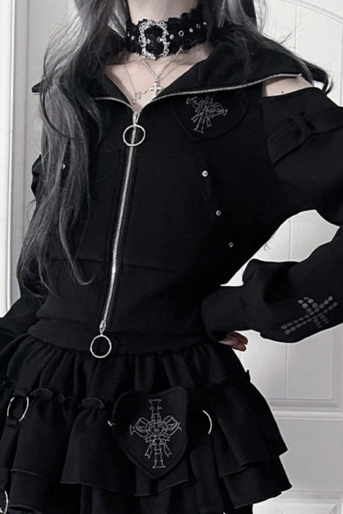 Tricuspid C Cat Ears Hood Jirai Kei Kuro Coat and Skirt