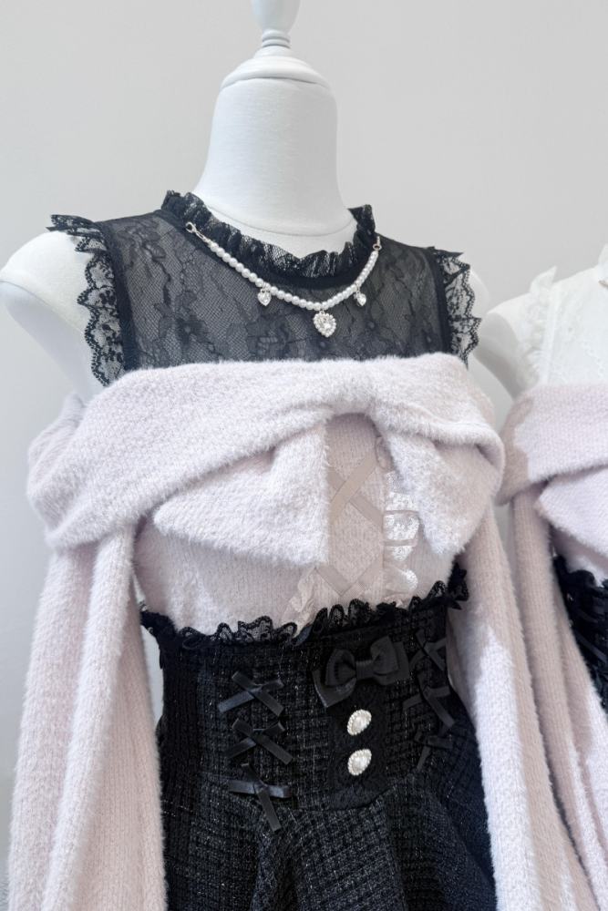 Shirohato Bowknot Lace Patchwork Jirai Kei Long Sleeve Top