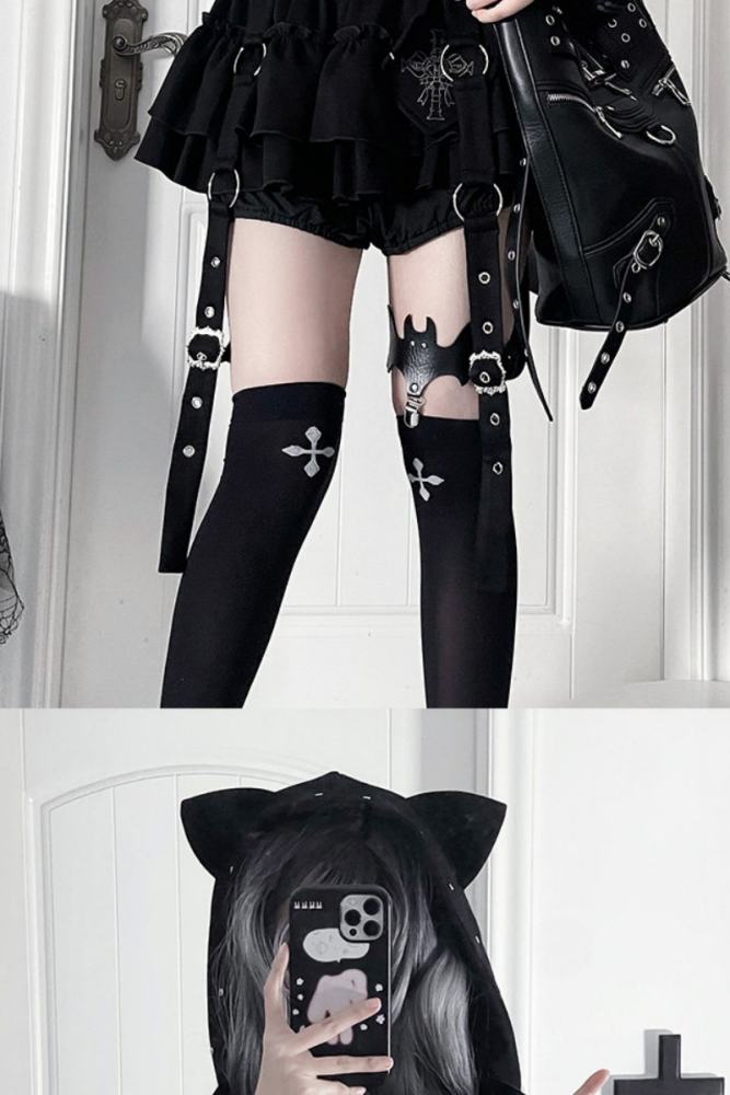 Tricuspid C Cat Ears Hood Jirai Kei Kuro Coat and Skirt