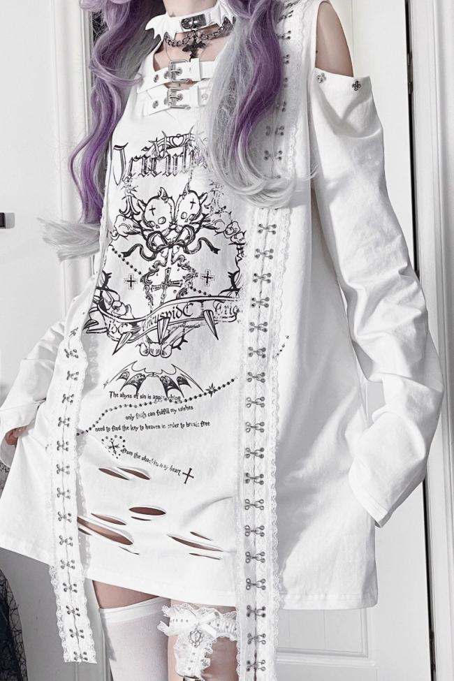 Tricuspid C Shattered Skull Printed Jirai Kei Off Shoulder T-shirt
