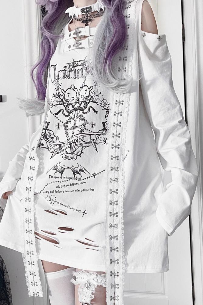 Tricuspid C Shattered Skull Printed Jirai Kei Off Shoulder T-shirt