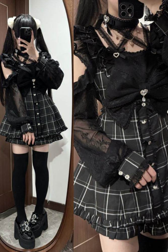 Shengzhongwei Lace Plaid Jirai Kei Dress and Shorts