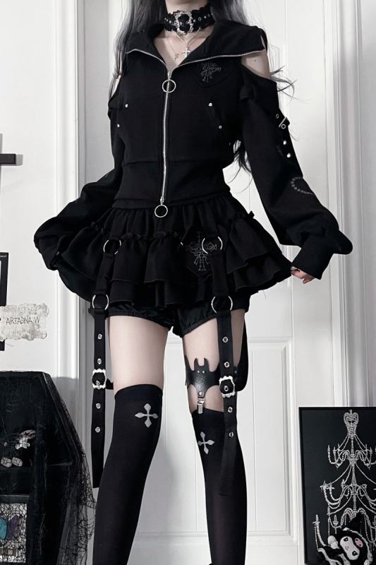 Tricuspid C Cat Ears Hood Jirai Kei Kuro Coat and Skirt