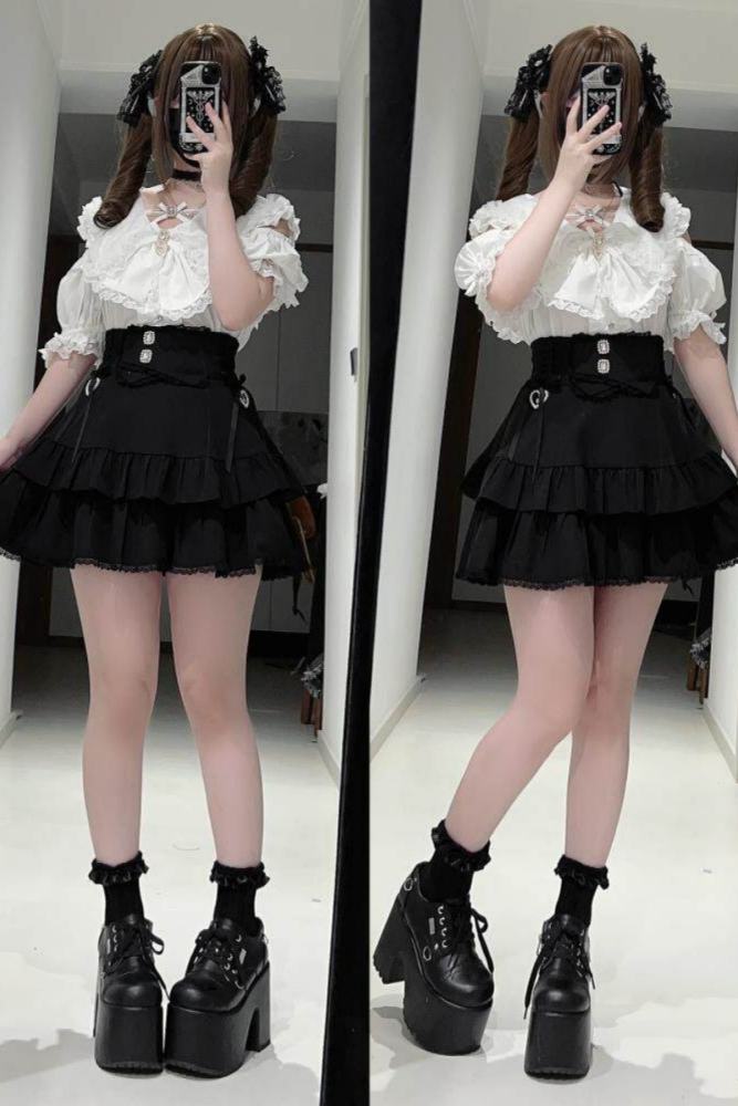 Shengzhongwei Rabbit Ear Jirai Kei Kuro Shiro Blouse