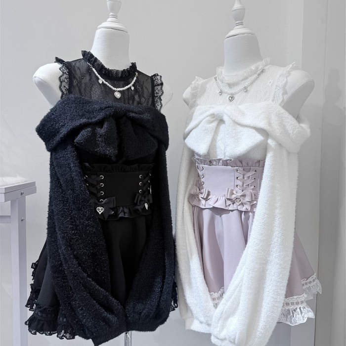 Shirohato Bowknot Lace Patchwork Jirai Kei Long Sleeve Top