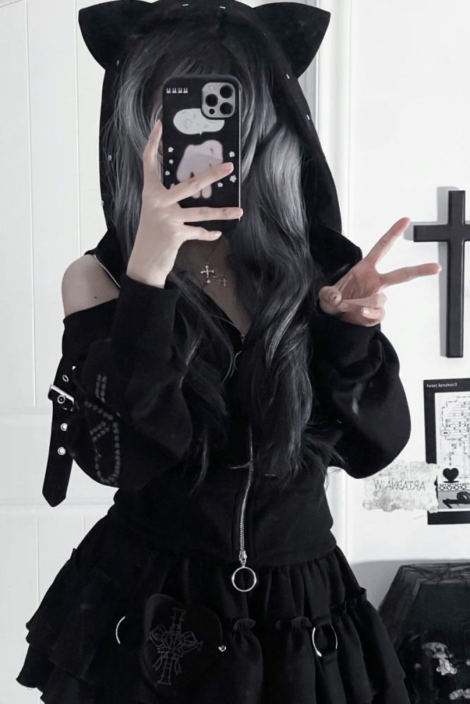 Tricuspid C Cat Ears Hood Jirai Kei Kuro Coat and Skirt