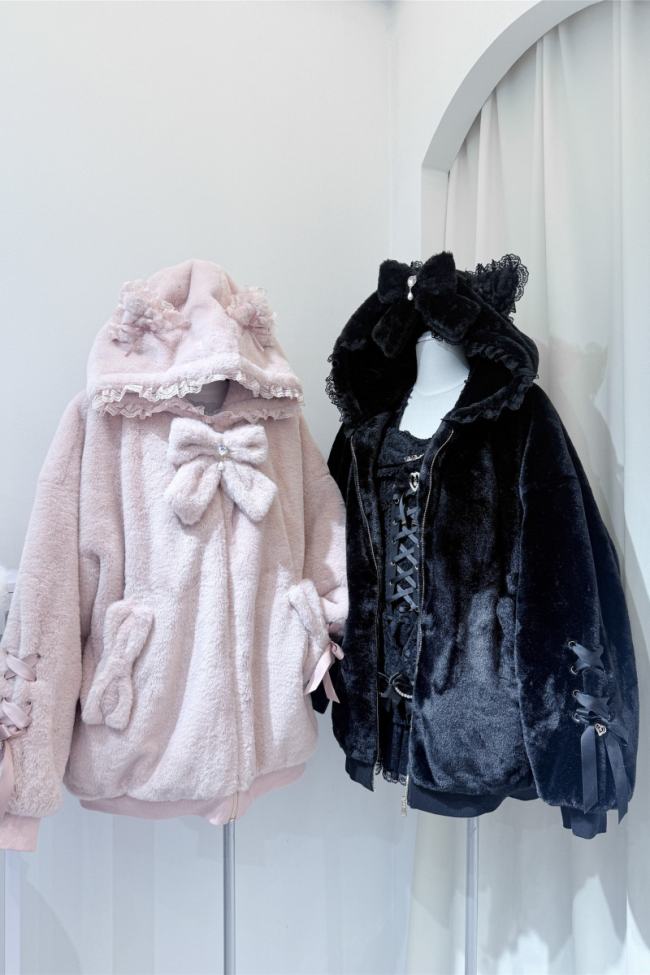 Shirohato Cat Ears Hood Jirai Kei Shiro Kuro Pink Coat