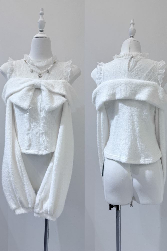 Shirohato Bowknot Lace Patchwork Jirai Kei Long Sleeve Top