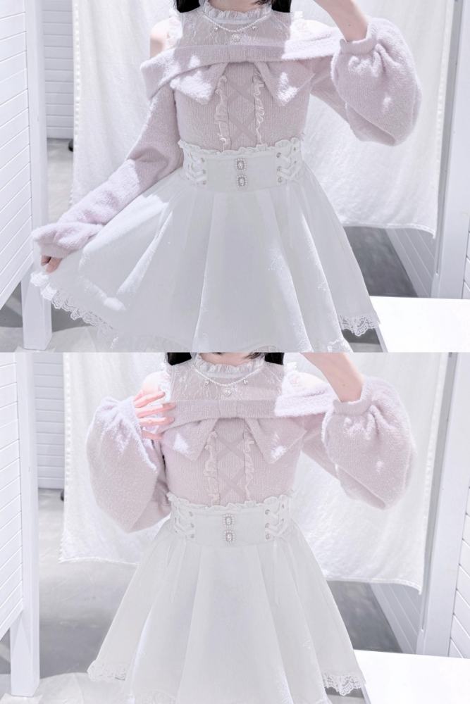 Shirohato Bowknot Lace Patchwork Jirai Kei Long Sleeve Top