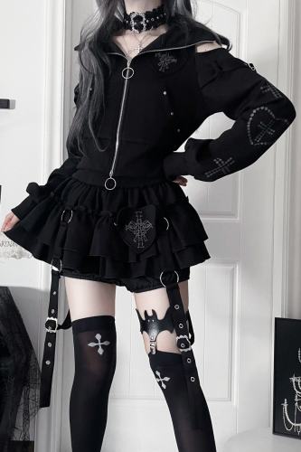 Tricuspid C Cat Ears Hood Jirai Kei Kuro Coat and Skirt