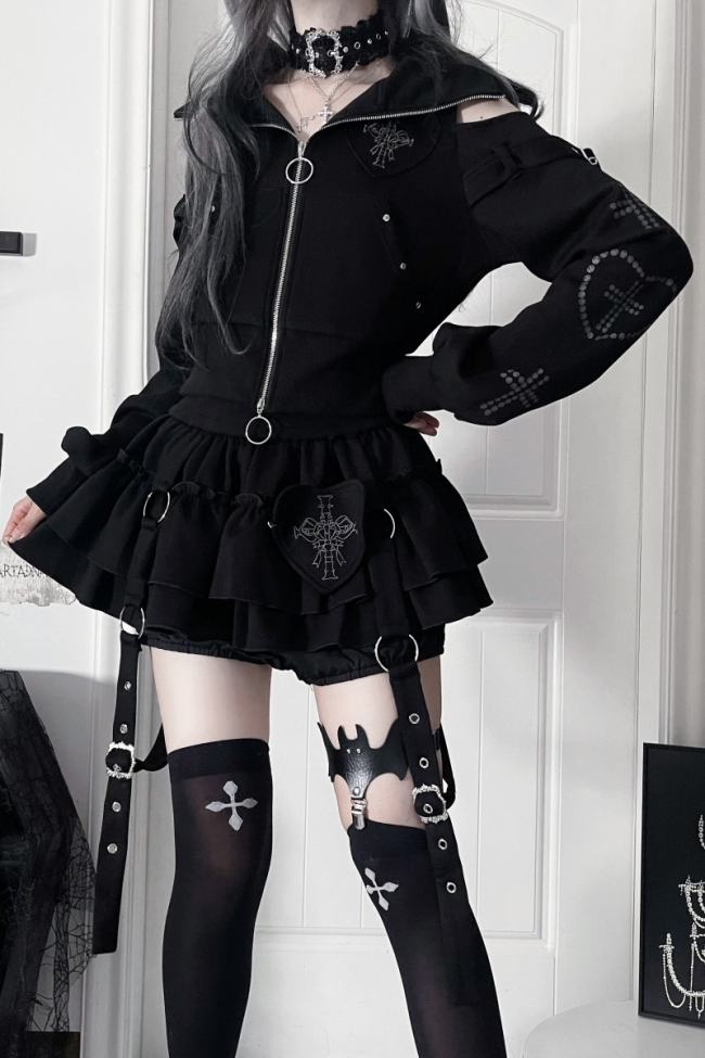 Tricuspid C Cat Ears Hood Jirai Kei Kuro Coat and Skirt