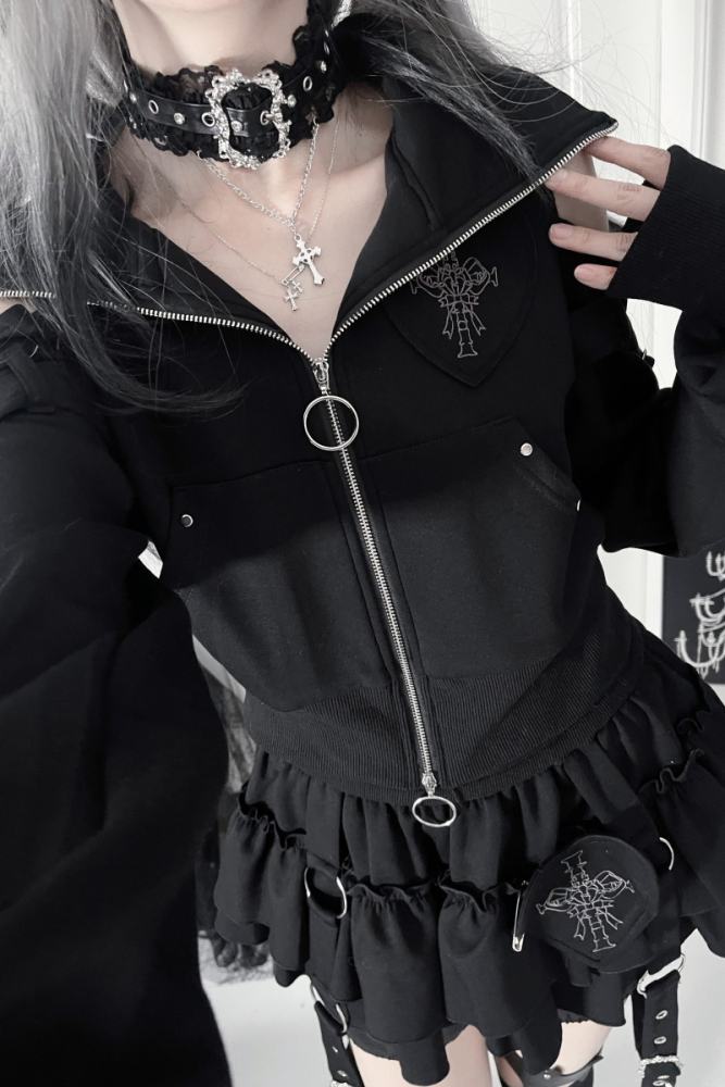 Tricuspid C Cat Ears Hood Jirai Kei Kuro Coat and Skirt