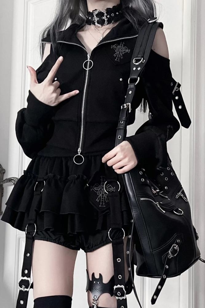 Tricuspid C Cat Ears Hood Jirai Kei Kuro Coat and Skirt