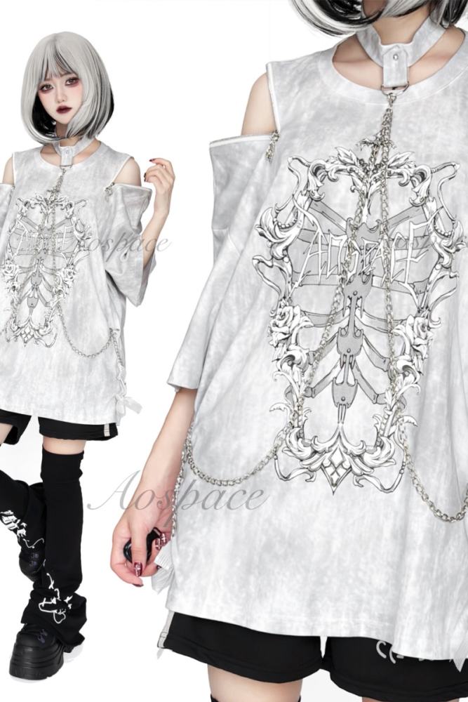 AO Space Rib Prints Jirai Kei Halter Neck Chain T Shirt