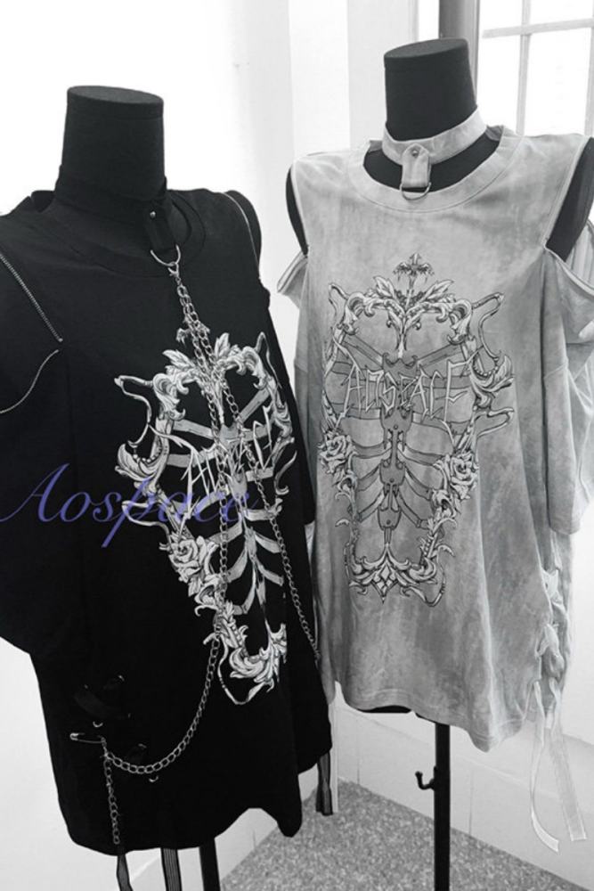 AO Space Rib Prints Jirai Kei Halter Neck Chain T Shirt