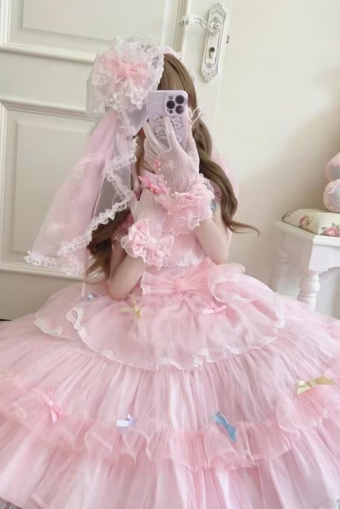 Sweet Lolita Flower Ball Head Veil Headbow