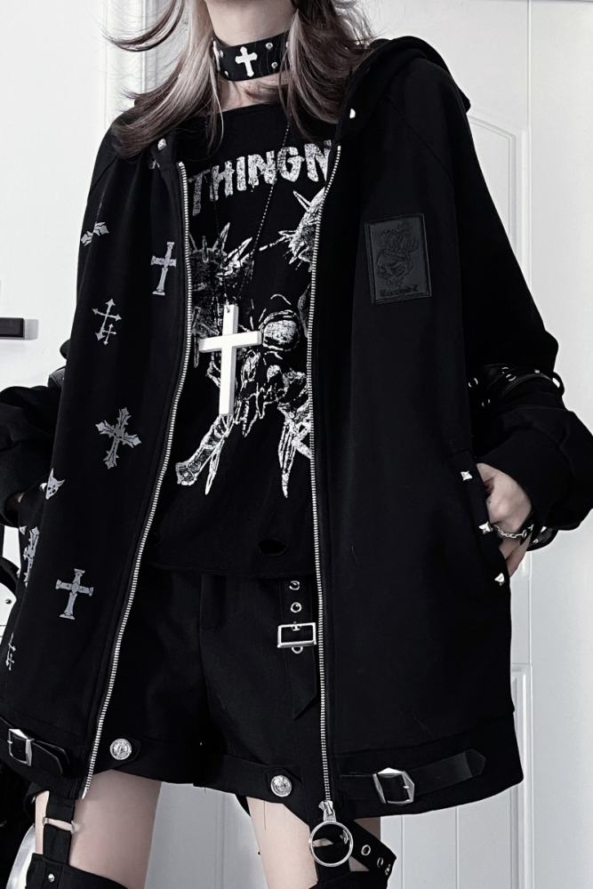 Tricuspid C Summoning Maze Jirai Kei Printed Grey Black Coat