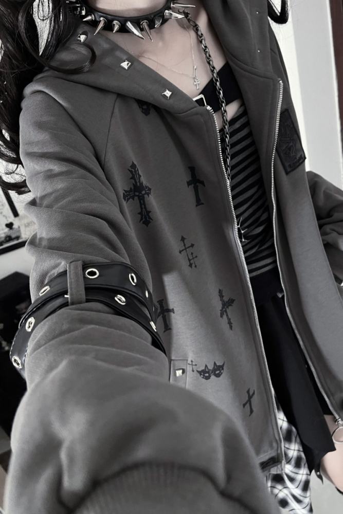 Tricuspid C Summoning Maze Jirai Kei Printed Grey Black Coat