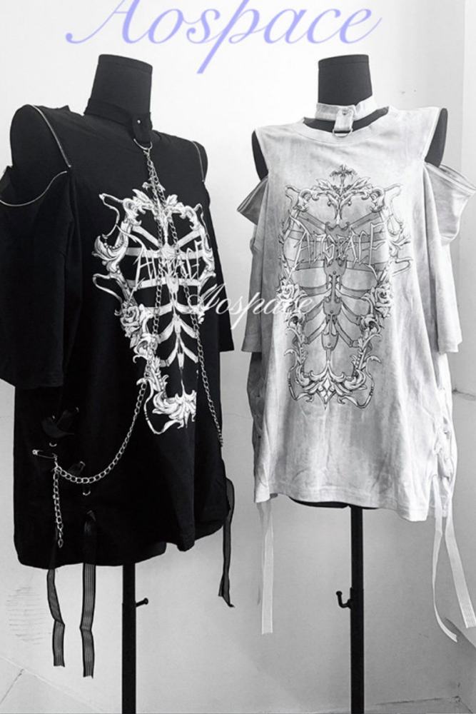 AO Space Rib Prints Jirai Kei Halter Neck Chain T Shirt