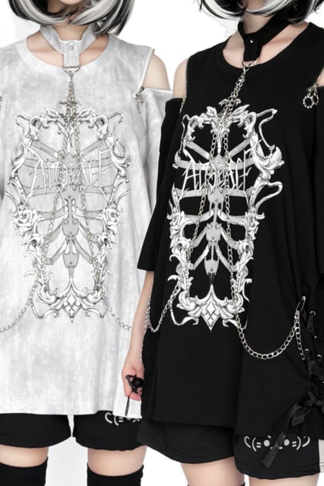 AO Space Rib Prints Jirai Kei Halter Neck Chain T Shirt