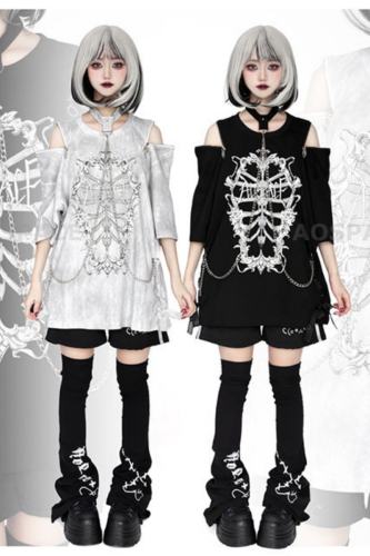 AO Space Rib Prints Jirai Kei Halter Neck Chain T Shirt