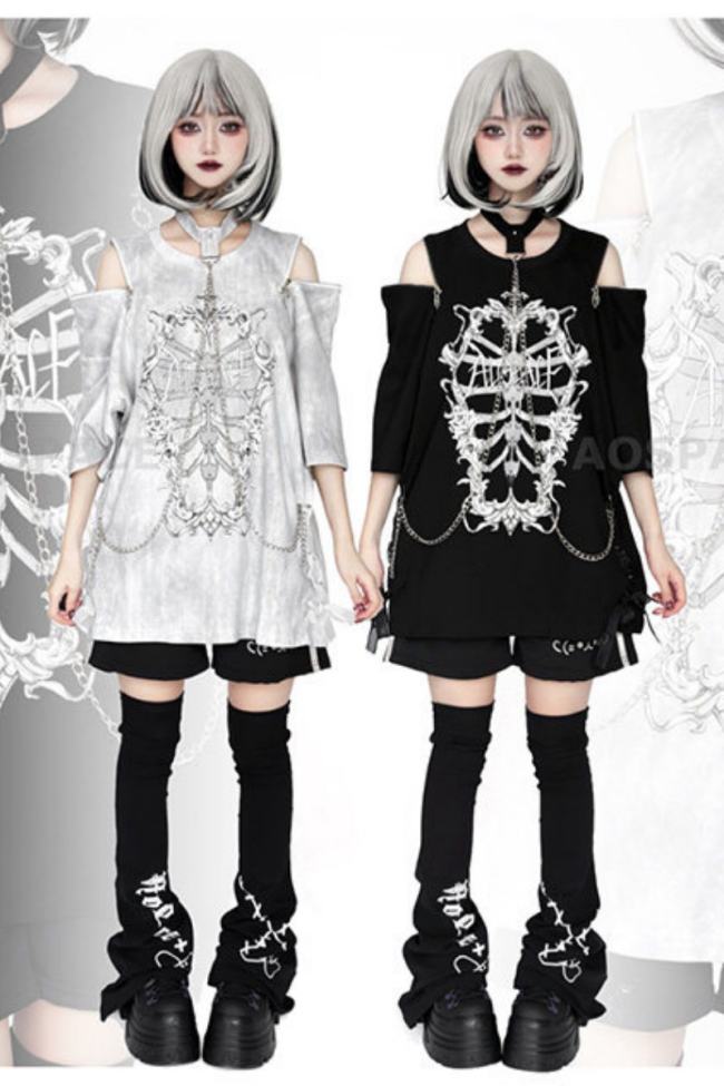 AO Space Rib Prints Jirai Kei Halter Neck Chain T Shirt