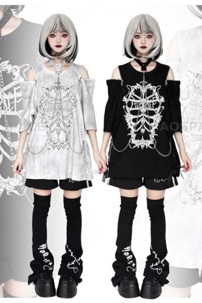 AO Space Rib Prints Jirai Kei Halter Neck Chain T Shirt