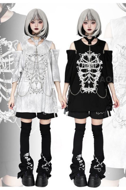 AO Space Rib Prints Jirai Kei Halter Neck Chain T Shirt