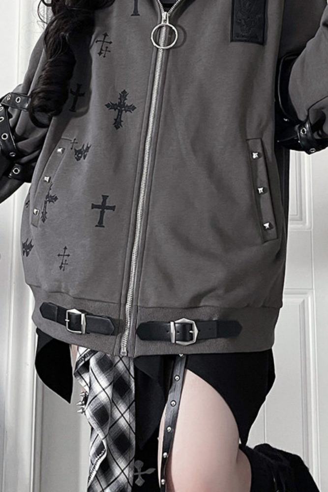 Tricuspid C Summoning Maze Jirai Kei Printed Grey Black Coat