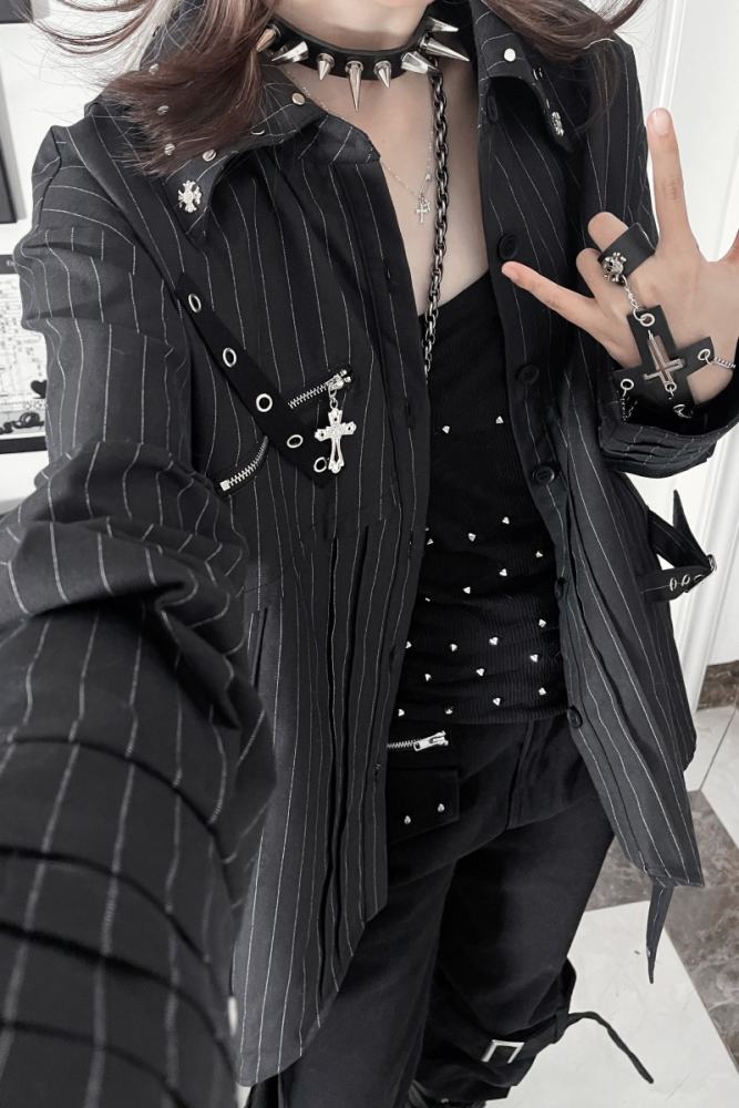 Tricuspid C Metal Stripe Jirai Kei Long Sleeve Blouse